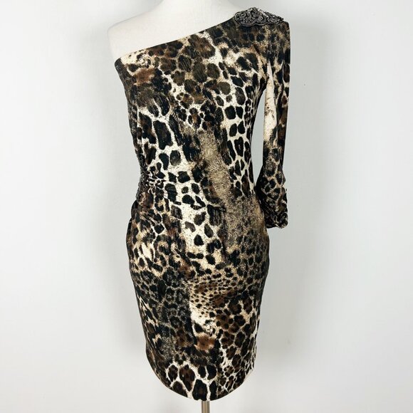 Vintage Y2K Cache One Shoulder Dress Animal Print Beaded Boho Size Small Women's - Picture 1 of 7